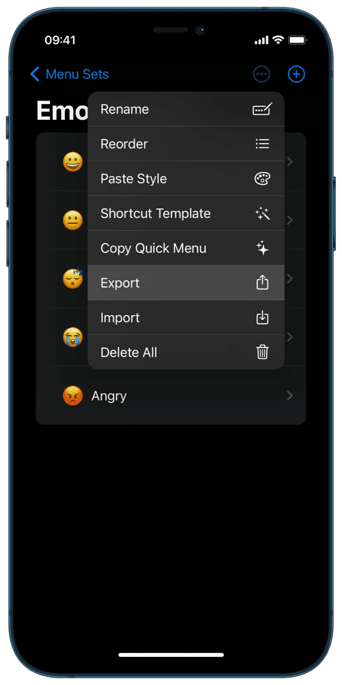 A screenshot showing where the Export entry is in the ... menu of a Menu Set