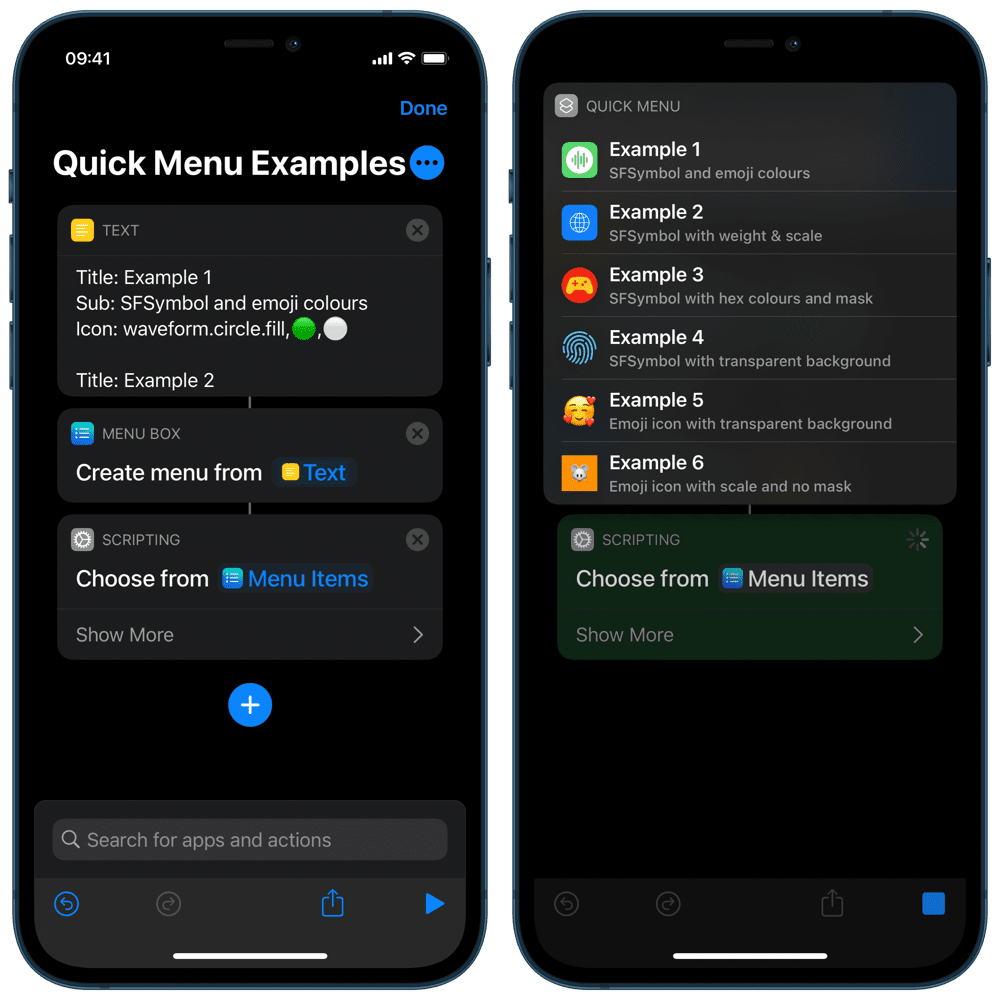 A sample shortcut showing how to use the Quick Menu action