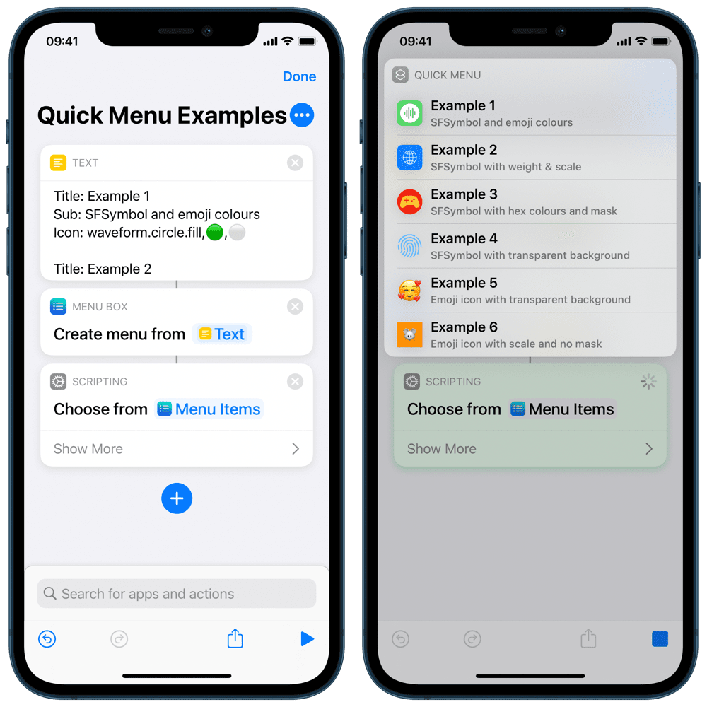 A sample shortcut showing how to use the Quick Menu action